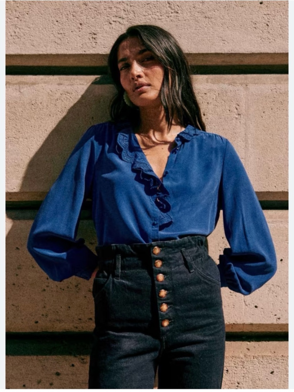 Sezane Women’s Ruffled V-Neck Blouse 100% silk